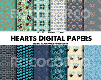 Hearts Digital Paper Pack: 12 Geometric Patterns (Digital Download)