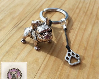 Beautiful Keychain with French Bulldog, Dog, Paw, Silver, gift
