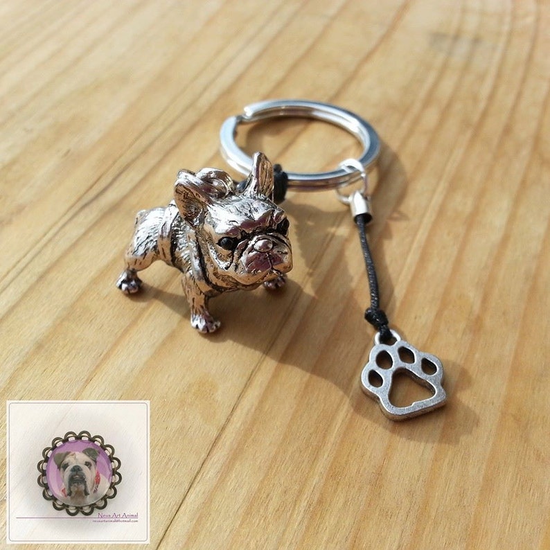 Beautiful Keychain with French Bulldog, Dog, Paw, Silver, gift image 1