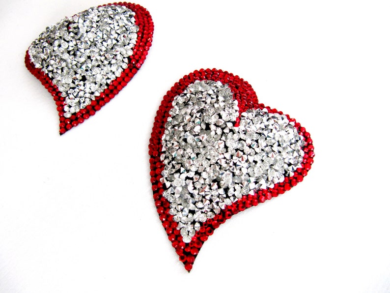 MARICO Nipple Pasties,Rhinestone Nipple Pasties,Valentine Day Gift For Her,Silver And Red Nipple Pasties,Valentines Day Gift,Heart Pasties
