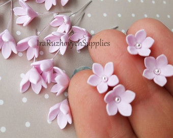 25 pcs. pink 5 petals lilac polymer clay flowers, polymer clay flower bead