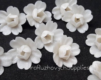 May include: Ten white, 3D printed, flower-shaped embellishments. Each flower has five petals and a centre.
