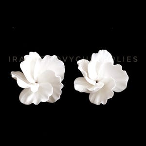 Puede incluir: Dos flores blancas realistas con múltiples pétalos sobre un fondo negro. Las flores están en plena floración, mostrando su delicada estructura en capas. El texto "IRA VYCH SUPPLIES" está en la parte inferior.