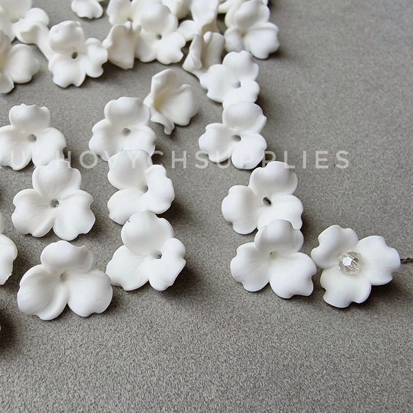 25 pcs.  Three petals polymer clay flowers, polymer clay flower bead, pearl effect