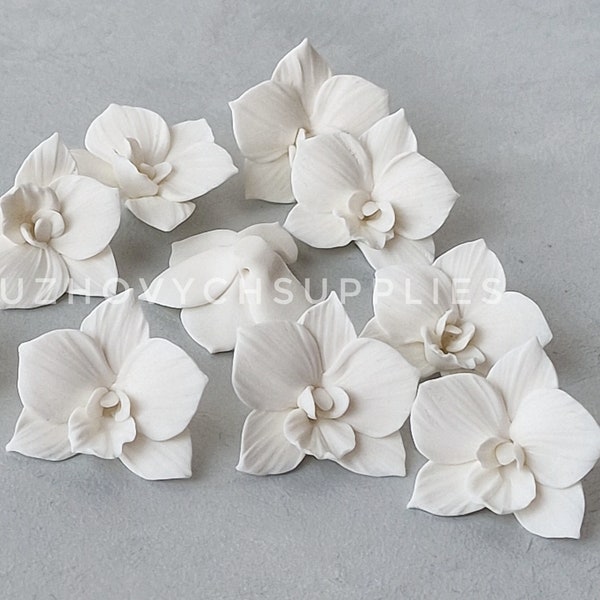 5 pcs.  White orchids polymer clay flowers, flower beads, jewelry making findings, DIY, phalaenopsis, artificial floral beads, tiny florals