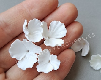 May include: A collection of six white, paper flower petals. The petals are arranged in a hand, with one petal lying on a gray surface.