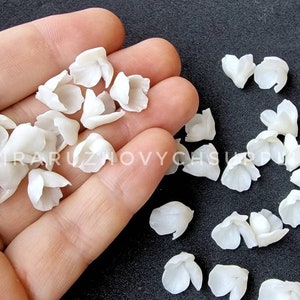 May include: A collection of white, delicate, artificial flower petals. The petals are made of a smooth, slightly translucent material and are perfect for crafting projects.