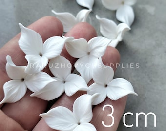 10 pcs. 3 petal  white flowers , polymer clay flower bead, curly petals flowers, big 3 cm, tiara making