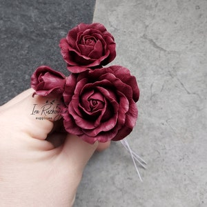 3 dark red Roses, polymer clay flower, flowers for decor