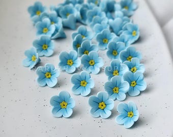 May include: A collection of small, light blue five-petalled flowers with bright yellow centres, scattered across a white speckled surface. The text "RARUZHOVYCHSUPPLIES" is visible in the centre of the arrangement of these floral pieces.