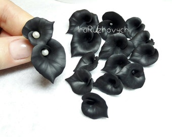 10 pcs.  Calla black polymer clay flowers, polymer clay flower bead