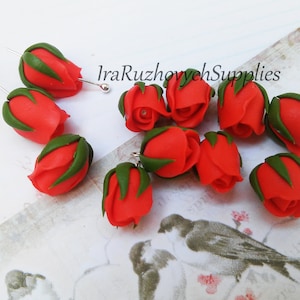 10 pcs. red roses, polymer clay flower bead