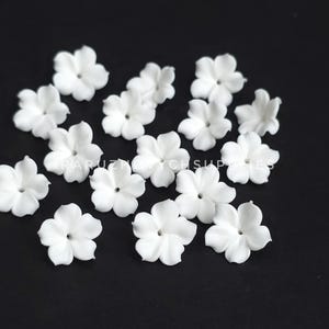 Puede incluir: Una colección de pequeños adornos florales blancos de cinco pétalos. Cada flor tiene un pequeño centro oscuro y está dispuesta sobre una superficie negra. Estas flores decorativas son ideales para proyectos de manualidades.