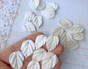 May include: A collection of white, textured, leaf-shaped embellishments with a hole in the center. The leaves are arranged in a hand, with some leaves overlapping.