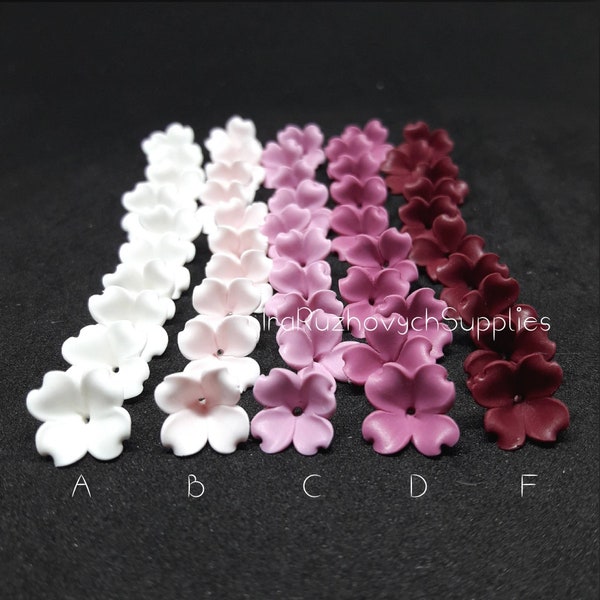 25 pcs.  4 petals  lilac polymer clay flowers, pink, vine, Bordeaux, polymer clay flower bead