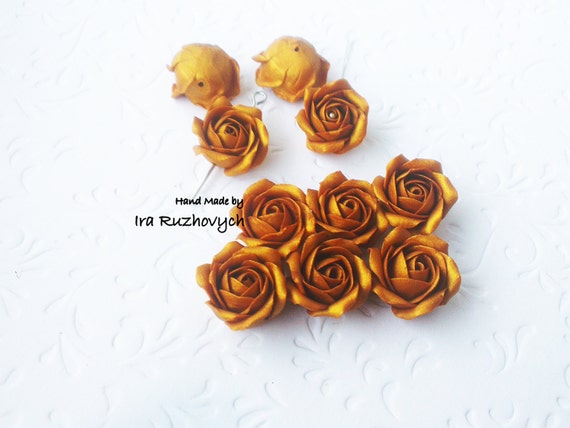 10 pcs polymer clay flower bead Pink gold roses ready to ship