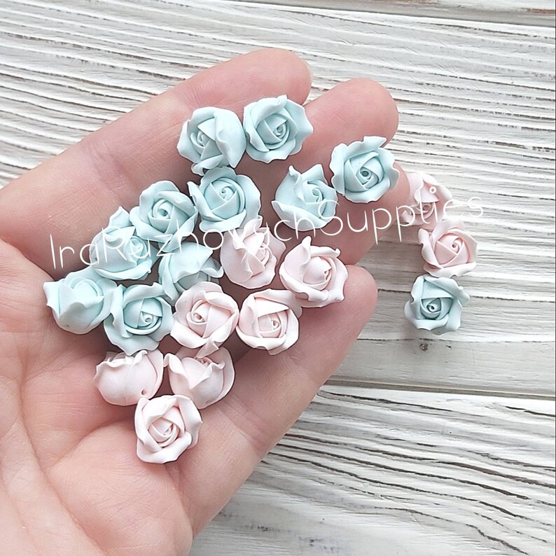 10 pcs Pale pink pale blue roses with hole on side polymer clay flower bead