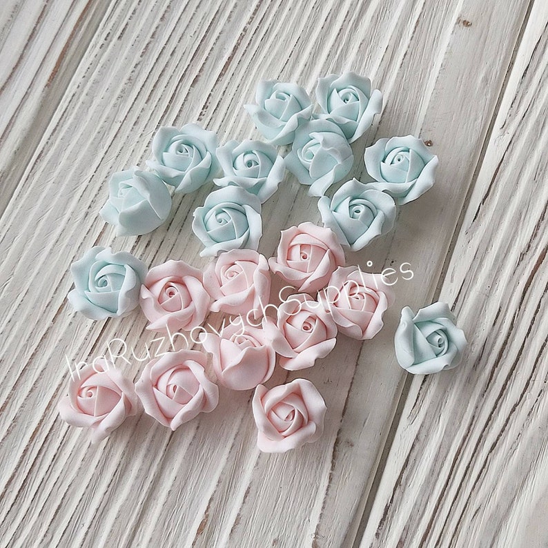 10 pcs Pale pink pale blue roses with hole on side polymer clay flower bead