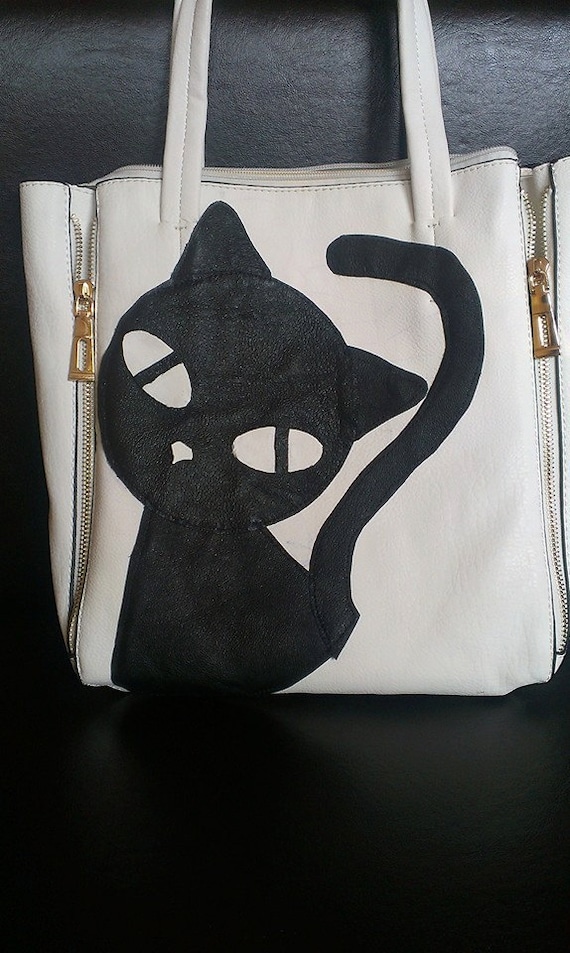 Items similar to Handmade purse, leather handbag, Black cat handbag, cat lovers bag, shoulder