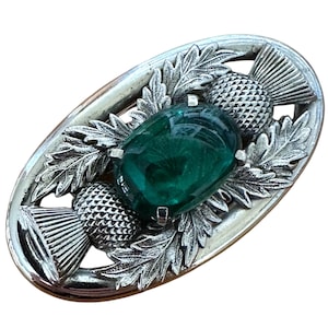 Vintage Scottish Thistle Brooch Silver Tone with Emerald Green Cabochon