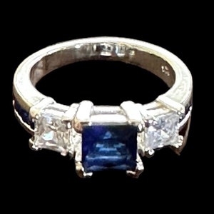Art Deco style Square Sapphire Blue Ring in Sterling Silver with CZ Accents ~  Size 7