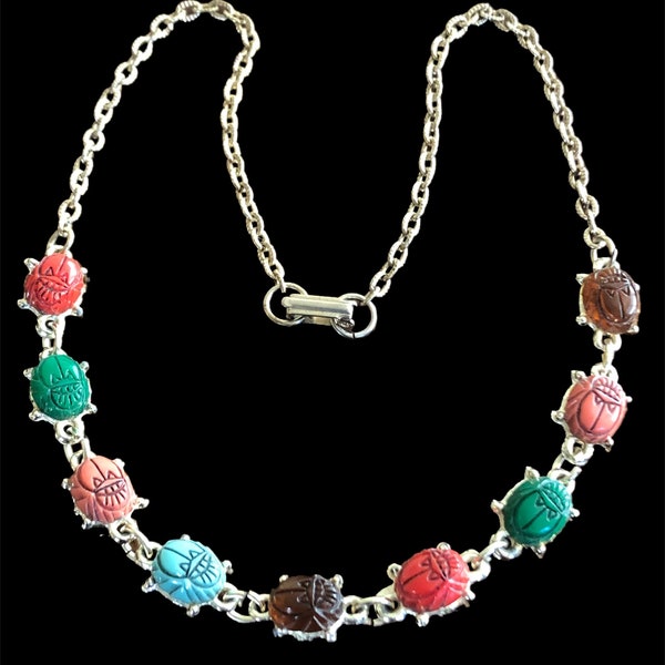 Vintage Scarab Necklace faux Gemstones on Gold Tone Chain