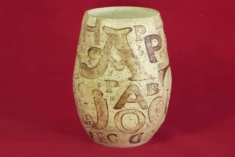 Ceramic Pottery Vase With Impressed Lettering Decoration Etsy UK