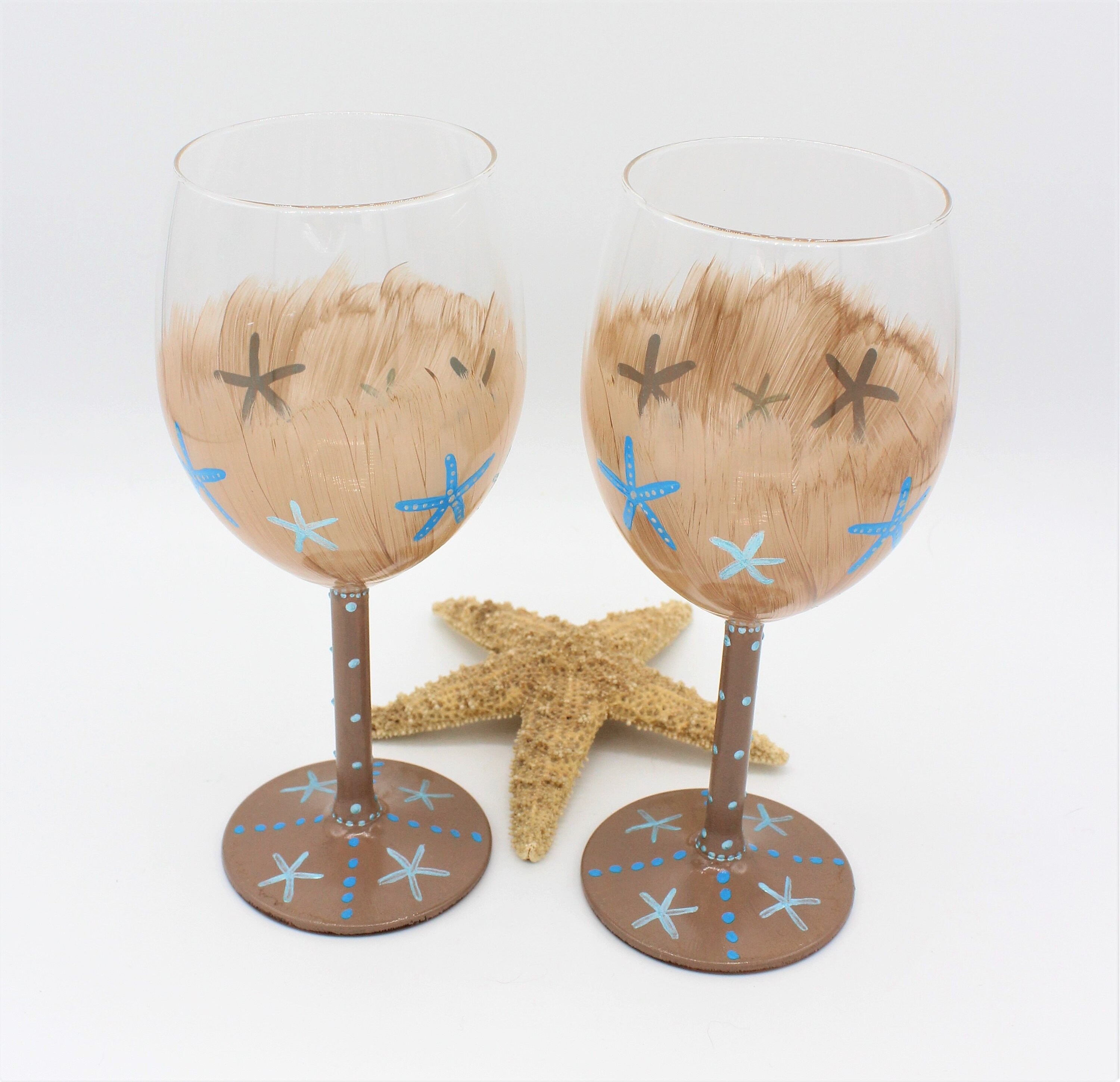 2 Hand Painted Wine Glasses Starfish Wine Glass Beach Wine Etsy