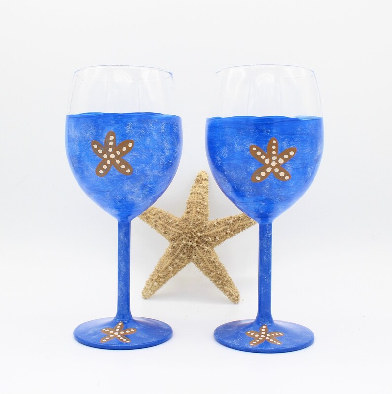 Starfish Blue Coral Stemless Hand Painted Wine Glasses Set of 2 Beach Home Decor