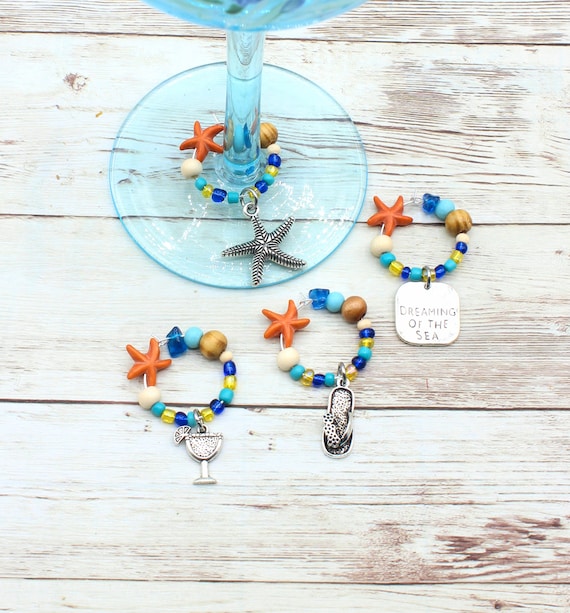 Set of 6 Tropical Wineglass Charms Coastal Charms for Glasses Beach Party Favors