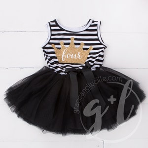 Fourth birthday outfit dress with gold letters and black tutu for girls 4th birthday, Gold Crown, White Age, Black and white dress