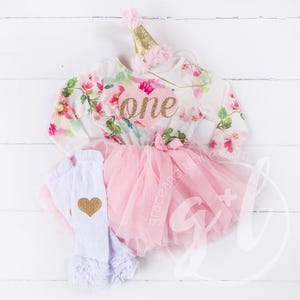 First Birthday Outfit, Floral Birthday outfit,  Pink Floral Long Sleeve Pink heart & Gold "ONE" Tutu Dress and Party Hat
