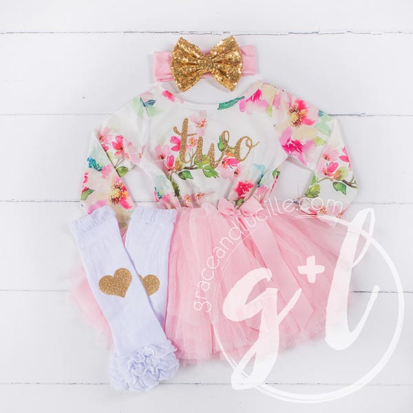 Second Birthday Outfit Pink Floral Long Sleeve Gold Script "TWO" Tutu Dress and Party Hat