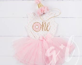 Donut Birthday Outfit, First Birthday outfit girl, Pink gold birthday, sleeveless, polka dot, donut and gold glitter