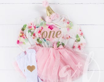 First Birthday Outfit, Floral Birthday outfit,  Pink Floral Long Sleeve Pink heart & Gold "ONE" Tutu Dress and Party Hat