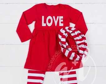 Valentines Dress Outfit with red top and red and white striped pants, ruffle pants, valentines outfit girl, Valentines set