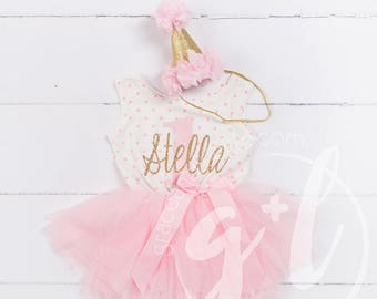 First Birthday outfit, First Birthday Dress, Pink and gold birthday, 1st birthday dress, polka dot, "1" with monogrammed name, sleeveless