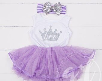 Second Birthday Outfit Dress with silver letters, silver crown, purple tutu for girls or toddlers Sofia the first, Purple tutu dress