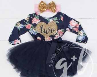 Second Birthday floral outfit dress with heart and navy blue tutu for girls or toddlers, Floral dress, custom dress, long sleeve