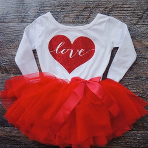 Heart Full of Love Dress Outfit with white top and red tutu Customizable red glitter heart, valentine's day image 1