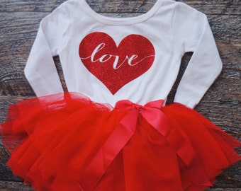 Heart Full of Love Dress Outfit with white top and red tutu Customizable red glitter heart, valentine's day