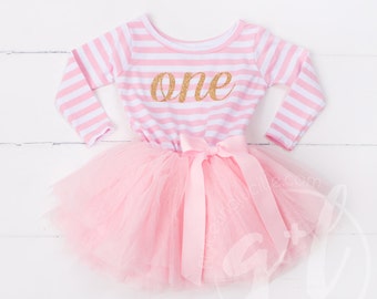 First Birthday Outfit Dress with gold letters and pink tutu for girls or toddlers Long Sleeve Dress, Long Sleeve outfit