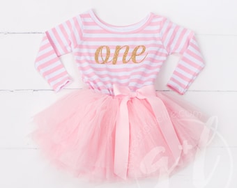 First Birthday Outfit Dress with gold letters and pink tutu for girls or toddlers Long Sleeve Dress, Long Sleeve outfit