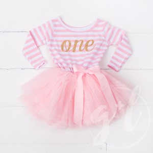 First Birthday Outfit Dress with gold letters and pink tutu for girls or toddlers Long Sleeve Dress, Long Sleeve outfit image 1