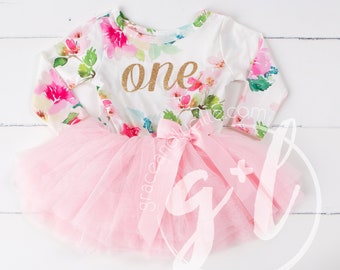 First Birthday Outfit, first birthday outfit girl,  Pink Floral Long Sleeve Gold Script "ONE" Tutu Dress, leg warmers and Party Hat