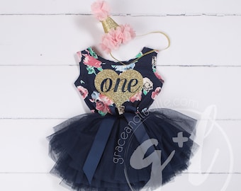 First Birthday floral outfit dress with heart and navy blue tutu for girls or toddlers, Floral dress, custom dress, sleeveless