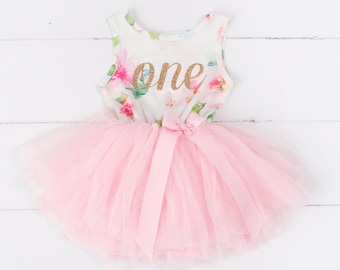 Pink Floral First Birthday Outfit, First Birthday Dress, 1st birthday outfit, 1st birthday dress, Gold Glitter, Floral, Pink, sleeveless