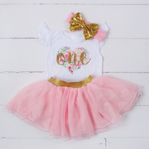 First Birthday outfit girl, Floral first birthday outfit, Pink and gold outfit, tutu, flutter sleeve bodysuit and tutu with headband