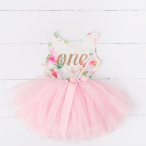 Pink Floral First Birthday Outfit, First Birthday Dress, 1st birthday outfit, 1st birthday dress, Gold Glitter, Floral, Pink, sleeveless image 1