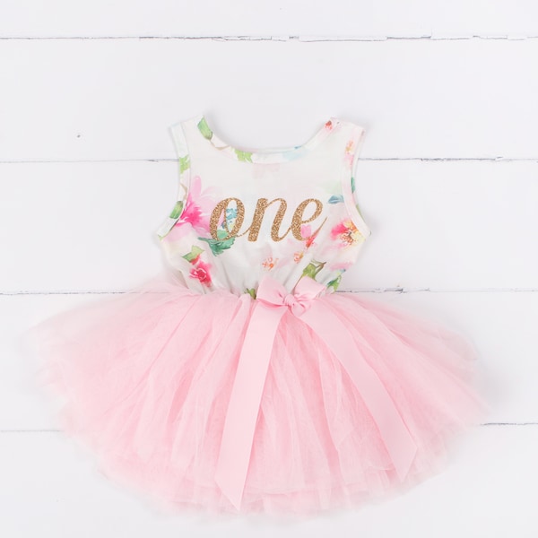 Pink Floral First Birthday Outfit, First Birthday Dress, 1st birthday outfit, 1st birthday dress, Gold Glitter, Floral, Pink, sleeveless